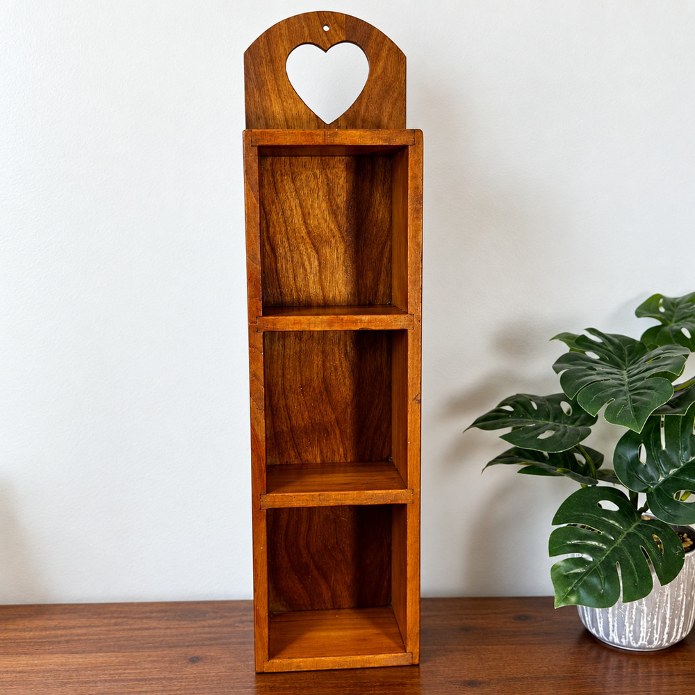 Vintage Wooden Wall Display Shelf Heart Cut Out Cubby Farmhouse Cottage Core